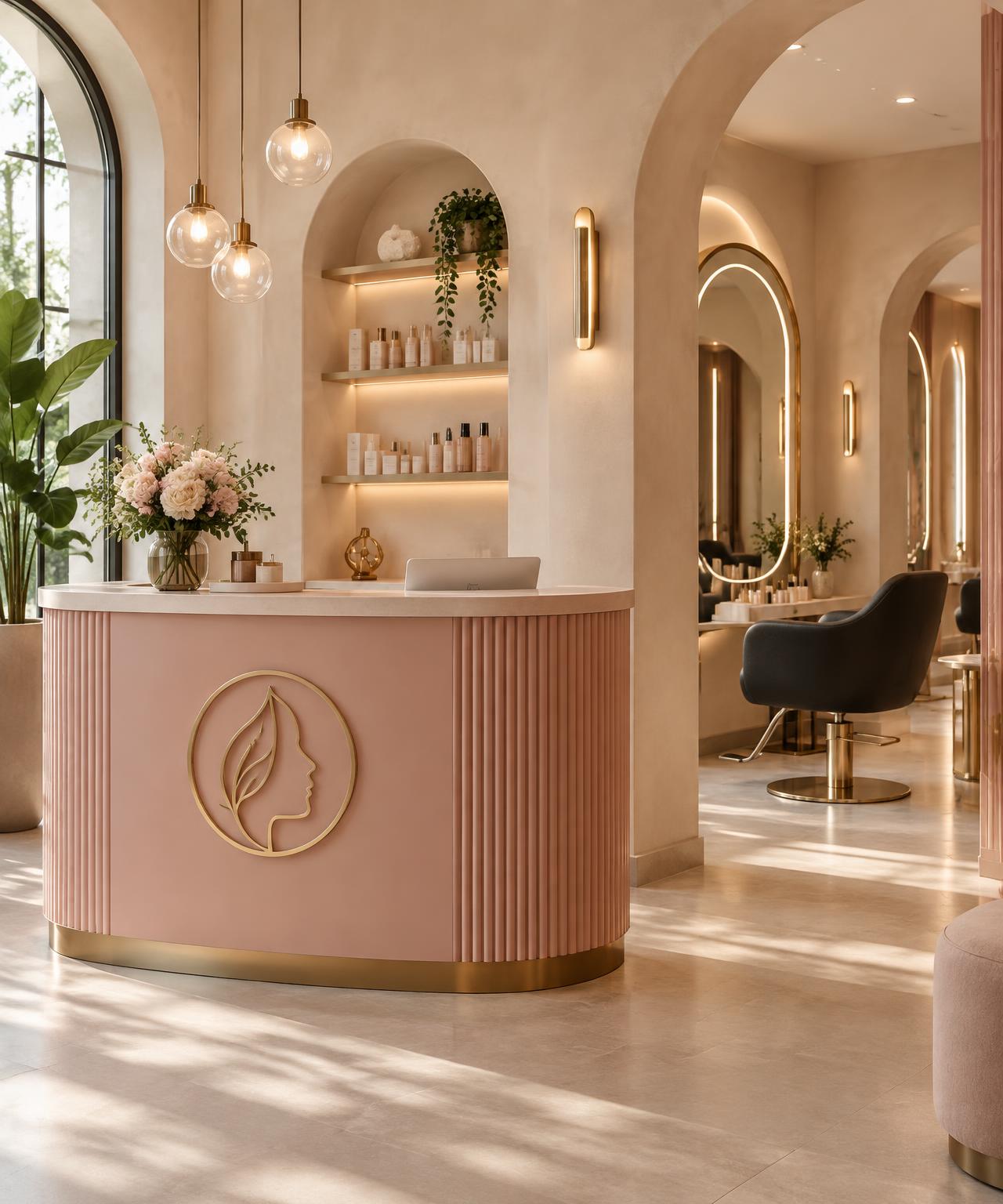 Blush and gold luxury salon reception with arched interiors